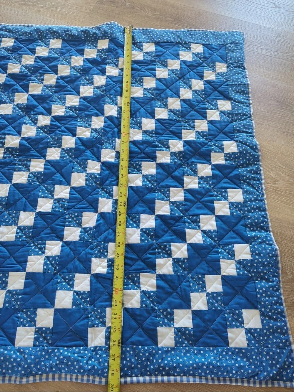 Blue and White Irish Chain patchwork FINISHED Small QUILT  Gingham Back Handmade